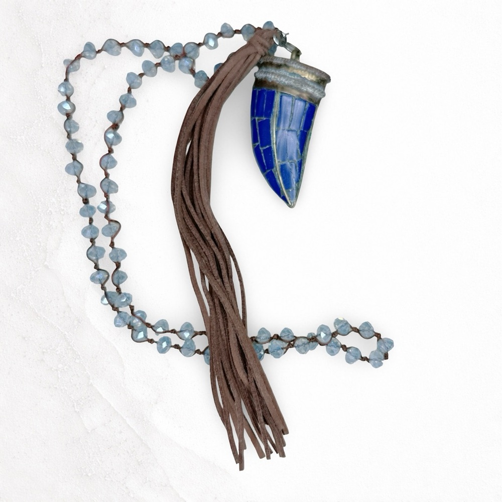 276u. Chico’s Blue Pendant Necklace with Brown Suede Tassel